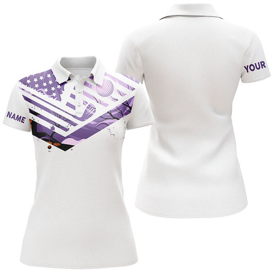 Custom Womens Golf Polo Shirt Purple American Flag Custom Halloween White Golf Shirt Nqs6364