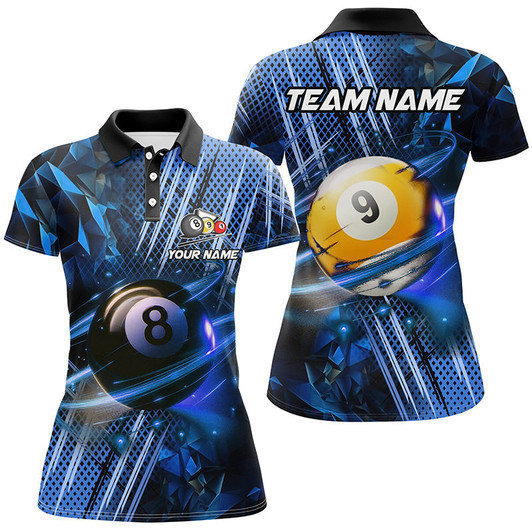 Custom Billiard 8 Ball & 9 Ball Glowing Blue Custom Women Polo & Quarter-Zip Shirt, Billiard Apparel Attire TDM1732
