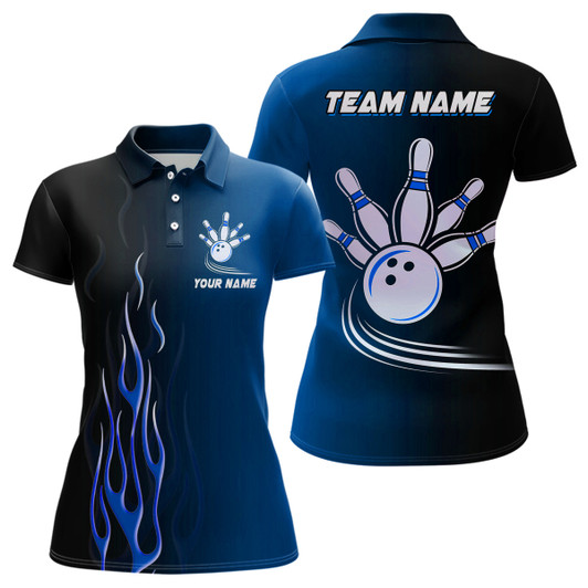 Custom Gradient Black Blue Bowling League Jerseys Custom Women Bowling Polo Shirts, Gifts For Bowling Team Nqs7437