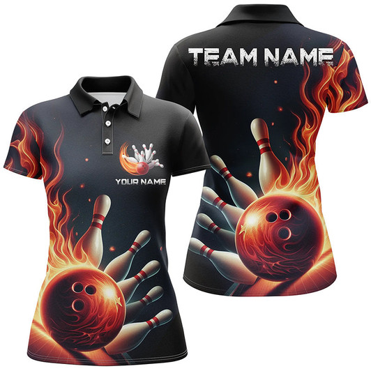 Custom Personalized Red Flame Bowling Polo Shirts For Women Bowling Team Jerseys Strike Bowling IPHW5405