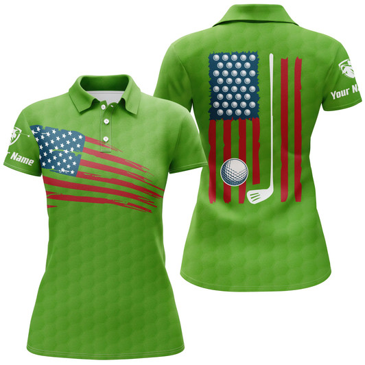Custom Womens Golf Polo Shirt American Flag Patriotic Golf Shirts Custom Name Golf Gifts For Women | Green Nqs4790