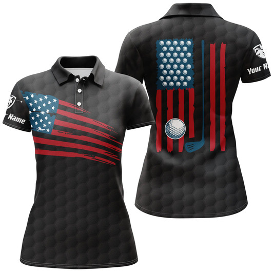 Custom Womens Golf Polo Shirt American Flag Patriotic Golf Shirts Custom Name Golf Gifts For Women | Black Nqs4788