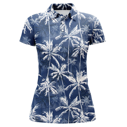 Custom Women Golf Polo Shirt With Tropical Background Blue Watercolor Palms Custom Team Golf Polo Shirts Nqs3711