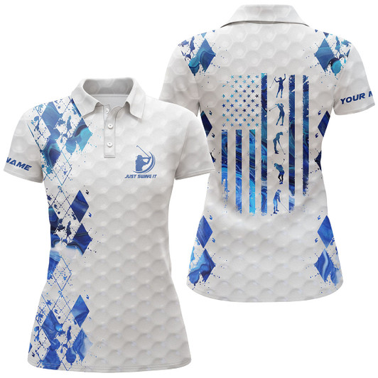 Custom Women Golf Polo Shirt Just Swing It American Flag Patriotic Custom Name Blue White Women Golf Shirt Nqs3676