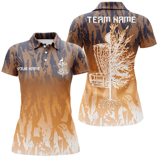 Custom Disc Golf Basket Orange Camo Women Polo Shirts Custom Name Disc Golf Team Shirts For Women Nqs4996
