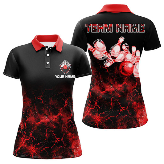 Custom Personalized Womens Bowling Polo Shirt Red Lightning Bowling Ball Pins Bowling Jerseys For Bowler Nqs7376