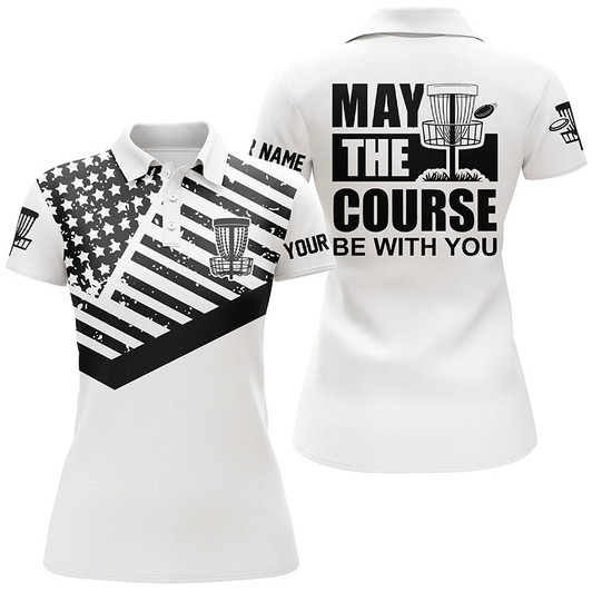 Custom Black White American Flag Polo Shirts Custom May The Course Be With You Disc Golf Shirts For Women Nqs4972