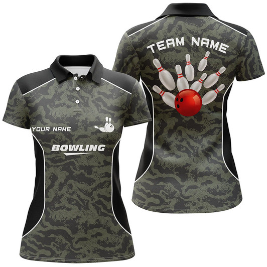 Custom Women Bowling Polo Shirts Custom Bowling Ball And Pins Camo Bowling Team Jersey For Women Nqs5248