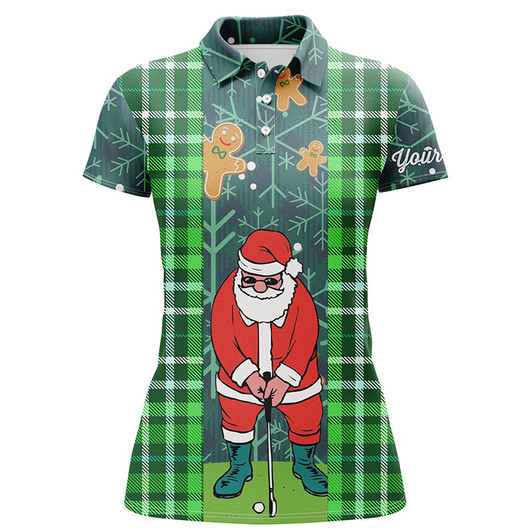Custom Christmas Santa Golf Polo Shirt Flannel Plaid Pattern Green Golf Shirts For Women Golf Gifts LDT0894