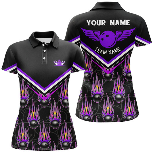Custom Personalized 3D team bowling polo shirts for women, Custom black flame bowling ball jerseys | Purple NQS6010