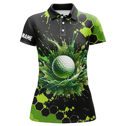 Custom Womens Golf Polo Shirts Custom Black And Green Watercolor Ladies Golf Tops, Gift For Golf Lovers Nqs7292