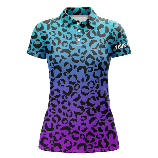 Custom Womens Golf Polo Shirts Blue Purple Neon Leopard Pattern Golf Shirt Custom Golf Polo For Woman Nqs4992
