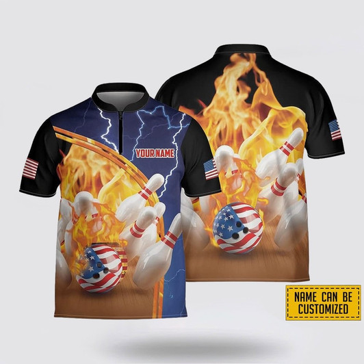 Custom Personalized Fire American Flag Bowling Jersey Shirt – Perfect Gift for Bowling Fans