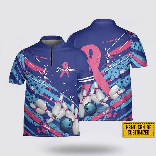 Custom Personalized American Flag Breast Cancer Bowling Pattern Bowling Jersey Shirt – Perfect Gift for Bowling Fans