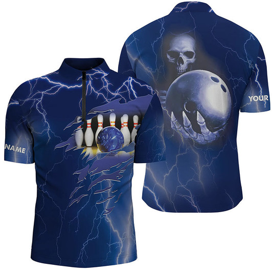 Custom Personalized bowling Quarter-Zip shirt for men blue lightning Custom name Team skull bowling Jerseys