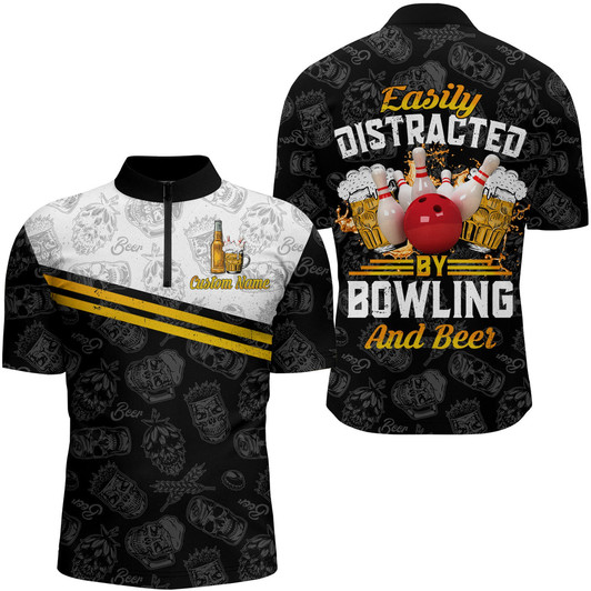 Custom Funny Bowling Shirt for Men Easily Distracted By Bowling and Beer Custom Bowling Jersey Quarter-Zip