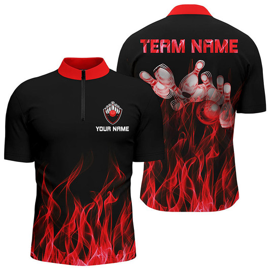 Custom Personalized Men Quarter Zip Bowling Shirt Red Flame Bowling Ball and Pins bowling jerseys for Bowler