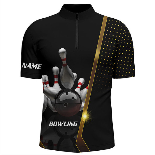 Custom Personalized Men Bowling Quarter-Zip Shirt Black and Gold Men Bowlers Custom Team bowling Jersey