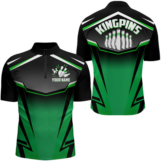 Custom Custom Bowling Shirt for Men Kingpins Green Quarter-Zip Bowling Shirt with Name, Men Bowlers Jersey