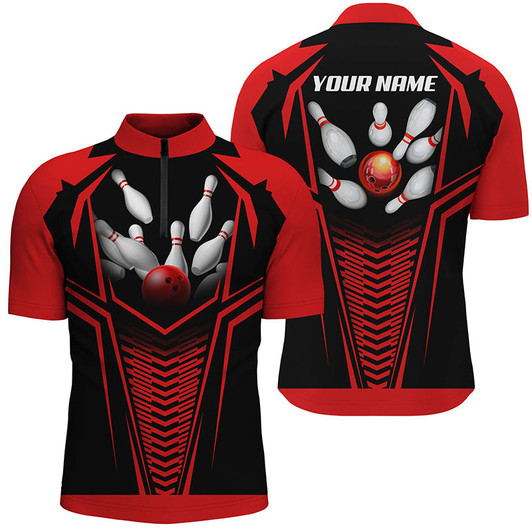 Custom Men's bowling shirt Quarter Zip custom name red and black Bowling Ball and Pins bowling jerseys