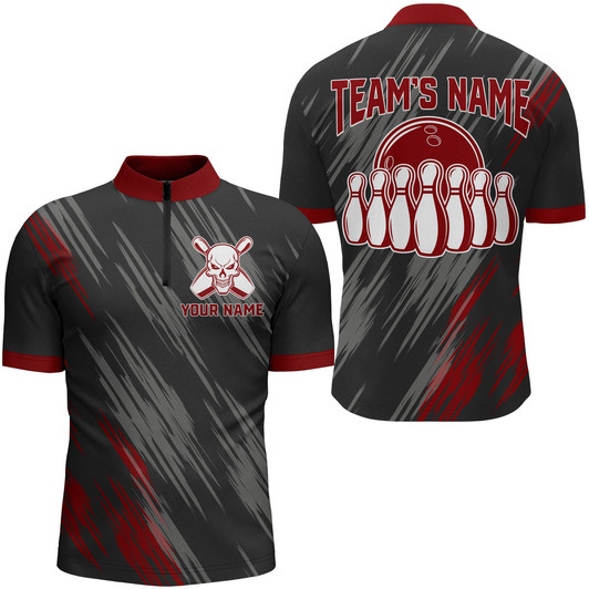 Custom Punisher Skull Bowling Quarter-Zip Shirt For Men Black & Red Bowling Jersey Bowling Team Shirt