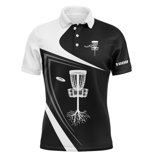Custom Disc Golf Men Polo Shirt - Custom Name Black And White Disc Golf Basket Apparel - Personalized Gift For Disc Golf Lover, Men, Husband, Boyfriend, Team