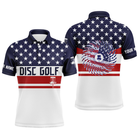 Custom Disc Golf Men Polo Shirt - Custom Name American Flag Patriot Apparel - Personalized Gift For Disc Golf Lover, Men, Husband, Team