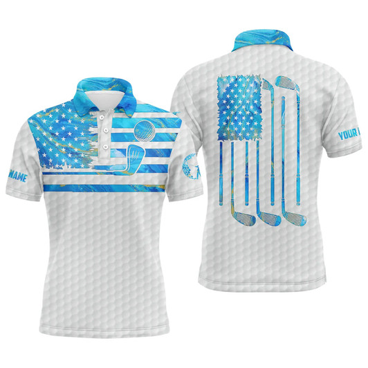 Custom Golf Men Polo Shirt - Custom Name Blue Watercolor American Flag Apparel - Personalized Gift For Golf Lover, Team, Husband, Boyfriend, Men