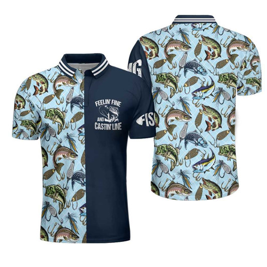 Hook And Fish Seamless Pattern Fishing Men Polo Shirt, Feelin' Fine And Castin' Line Fishing Shirt For Men, Gift For Fishing Lovers