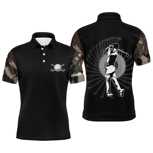 Custom Golf Custom Name Men Polo Shirt - Camo Black Pattern Men Golfing Apparel - Personalized Best Gift For Golf Lover, Team, Golfer