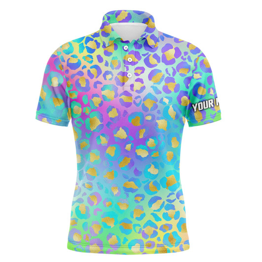 Custom Golf Men Polo Shirt - Custom Name Multicolor Neon Leopard Pattern Apparel - Personalized Gift For Golf Lover, Team, Husband, Boyfriend, Men