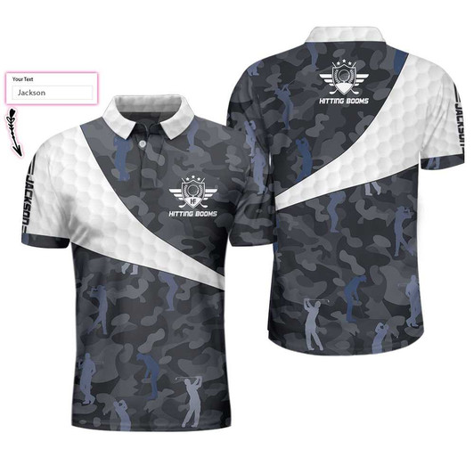 Custom Personalized Golf Ball And Camo Pattern Men Polo Shirt, Hitting Booms Camo Pattern Custom Polo Shirt, Best Golf Shirt For Men