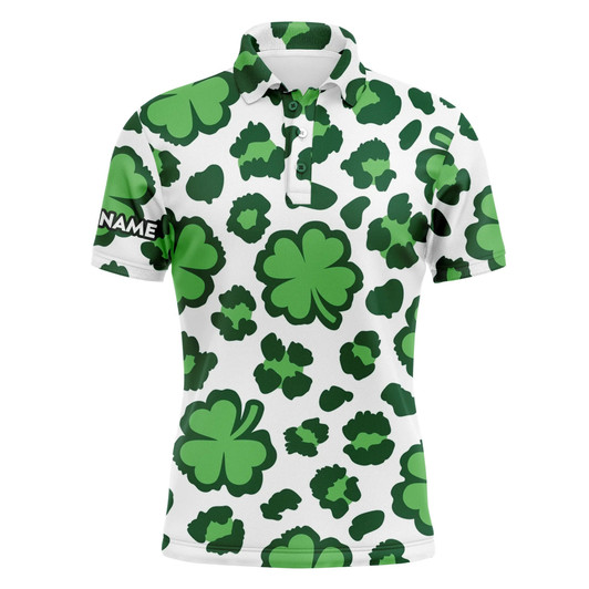 Custom Golf Men Polo Shirt - Custom Name Clover And Leopard Pattern St. Patrick's Day Apparel - Personalized Gift For Golf Lover, Men, Husband, Team