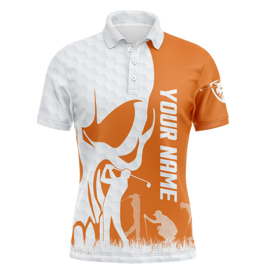 Golf Men Polo Shirt - Custom Name Skull White Golf Ball, Orange Apparel - Personalized Gift For Golf Lover, Team, Husband, Boyfriend, Men