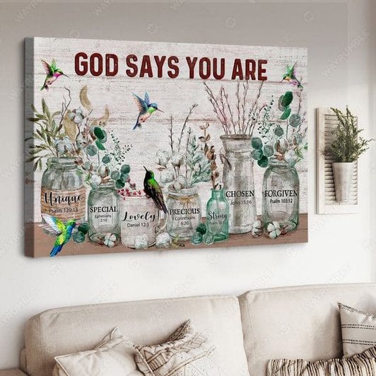 Hummingbird Poster, God Says You Are Unique Special Lovely Precious Strong, Butterfly Flower Poster and Canvas
