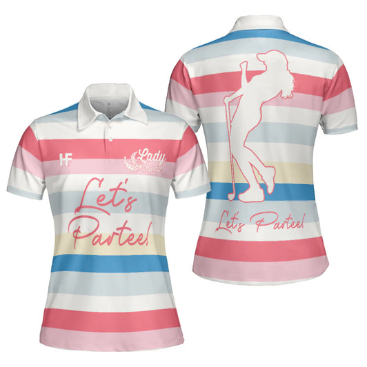Girl Golf Women Polo Shirt, Let's Partee Short Sleeve Women Polo Shirt, Color Horizontal Line Pattern Golf Shirt For Female