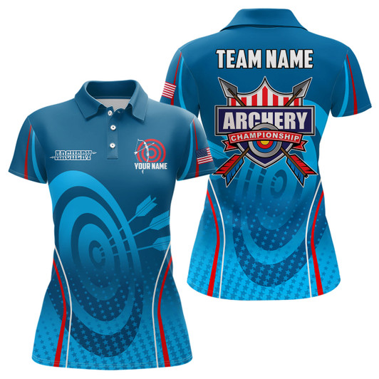 Custom Personalized Blue Red Target Archery Polo Shirts For Women, Archery Champion US Flag Archery Shirts VHM0569
