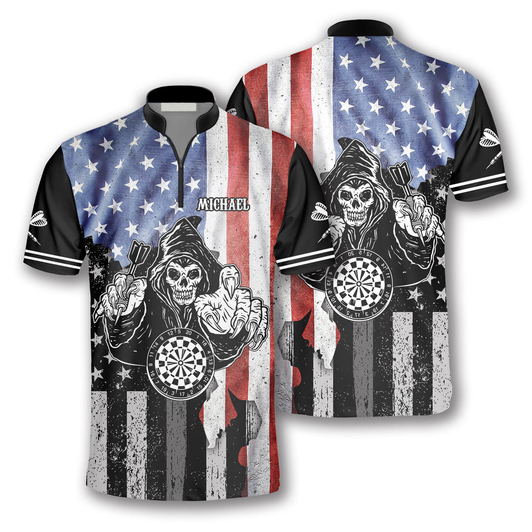 Custom Grim Reaper American Flag Custom Darts Jerseys for Men, 3D All Over Print Dart Shirt, Skull Dart Shirt