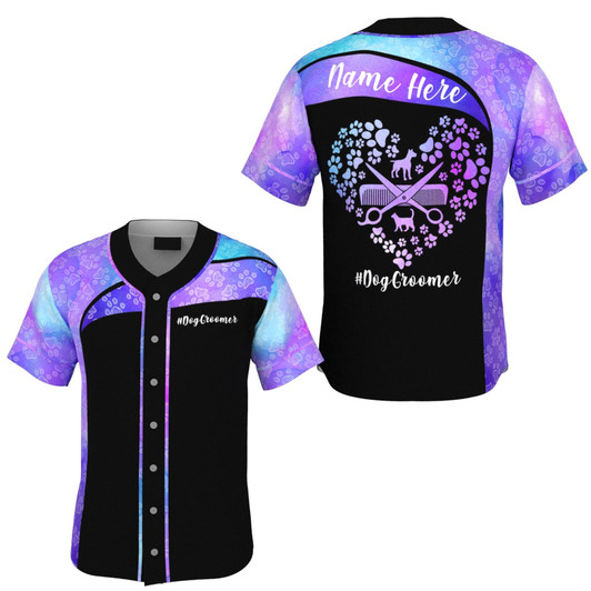 Custom Dog Groomer Purple Heart Paw Pattern Baseball Jersey, Idea Gift for Dog Groomer