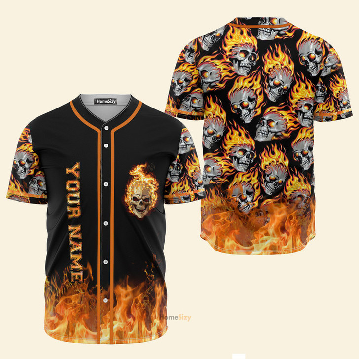 Custom Name Flaming Skull - Personalized Baseball Jersey