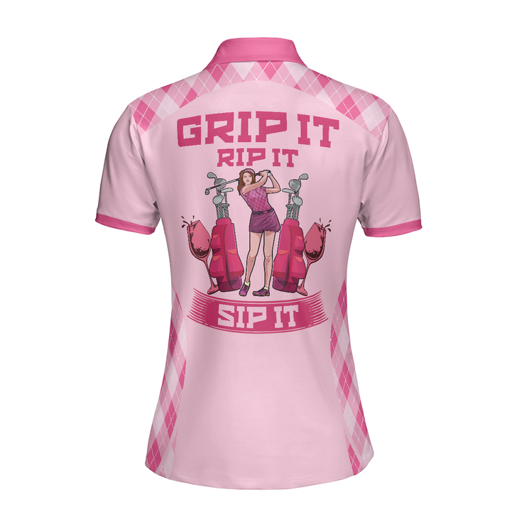 Pink Argyle Pattern Women Polo Shirt, Grip It Rip It Sip It Golf Short Sleeve Polo Shirt, Best Pink Golf Polo Shirt For Women