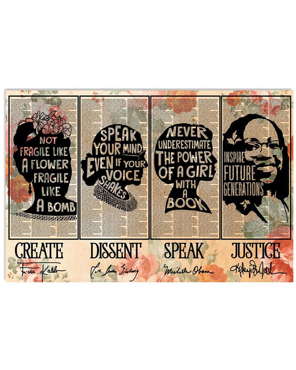 Frida Kahlo, Ruth Bader Ginsburg, Michelle Obama, Feminist Poster, Not Fragile Like A Flower Fragile Like A Bomb Poster and Canvas