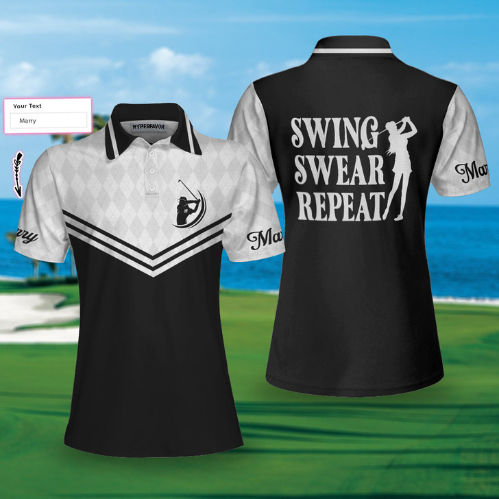 Custom Swing Swear Repeat Custom Short Sleeve Women Polo Shirt, Black And White Golf Shirt For Female Players - Perfect Gift For Women