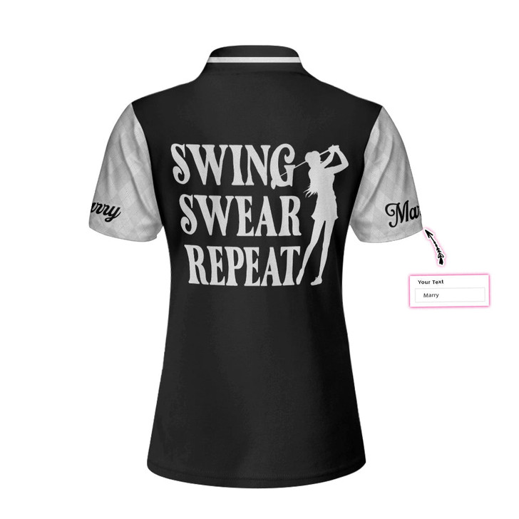 Custom Swing Swear Repeat Custom Short Sleeve Women Polo Shirt, Black And White Golf Shirt For Female Players - Perfect Gift For Women
