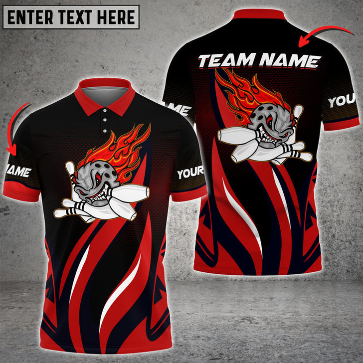 Custom Funny Bowling Ball Flame Premium Multicolor Option Personalized Name 3D Polo Shirt