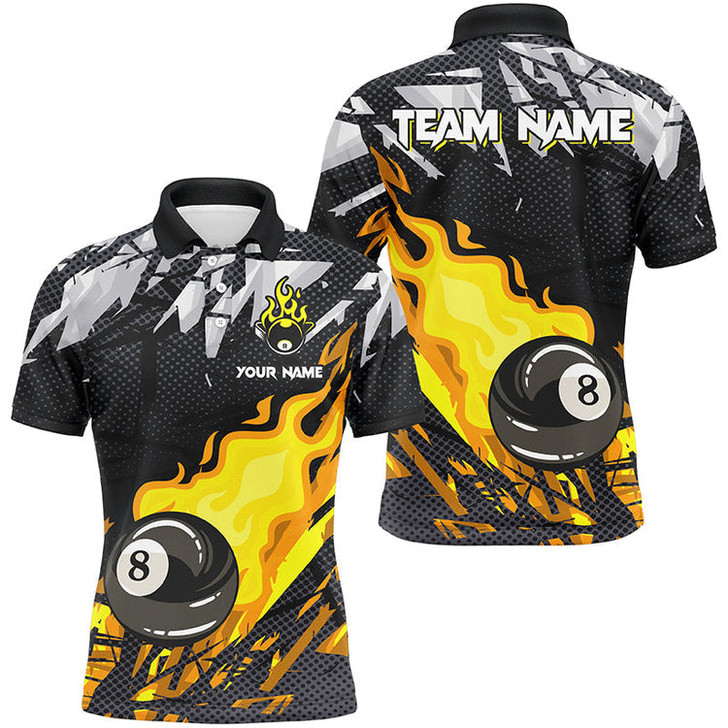 Custom Billiard Red 8 Multicolor Ball Fire Flame Grunge Pattern Customized Name, Team Name 3D Polo Shirt