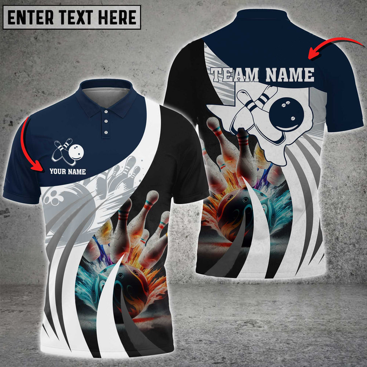 Custom Bowling Ball And Pins Texas Map Multicolor Option Customized Name 3D Polo Shirt, Idea Gift for Bowler