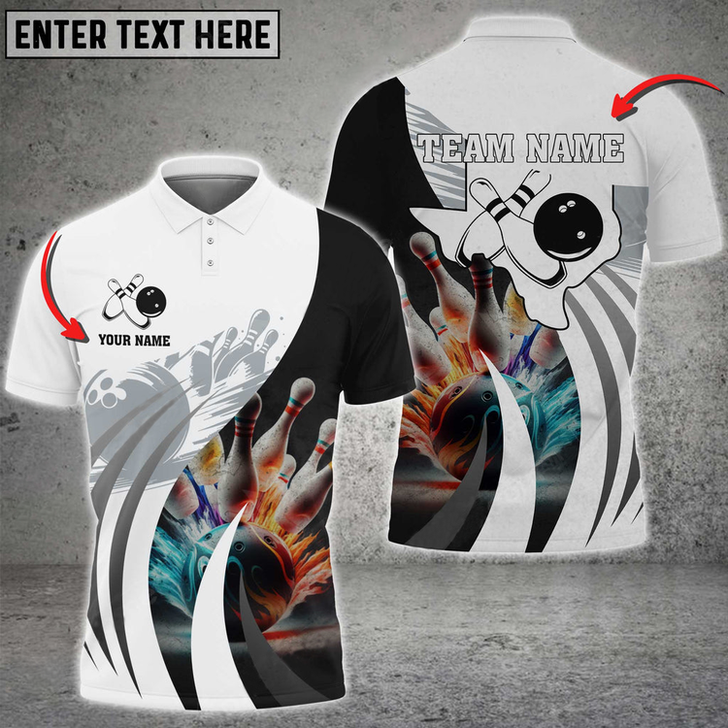 Custom Bowling Ball And Pins Texas Map Multicolor Option Customized Name 3D Polo Shirt, Idea Gift for Bowler
