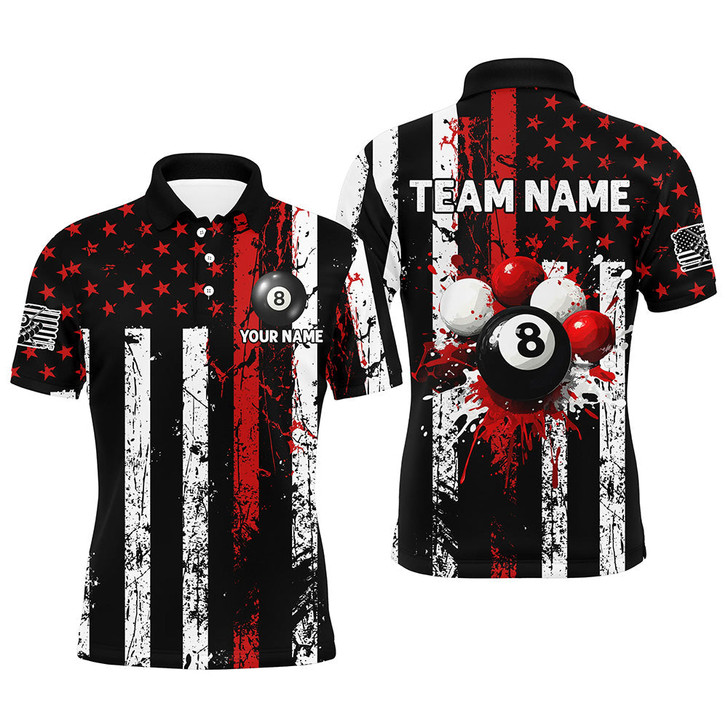 Custom Billiard Multicolor Option Grunge Us Flag Patriotic Customized Name, Team Name 3D Polo Shirt
