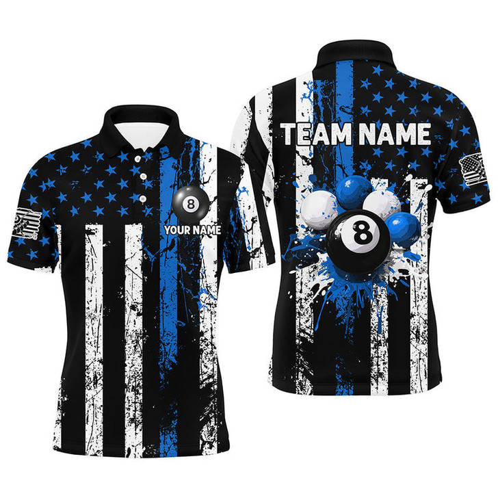 Custom Billiard Multicolor Option Grunge Us Flag Patriotic Customized Name, Team Name 3D Polo Shirt